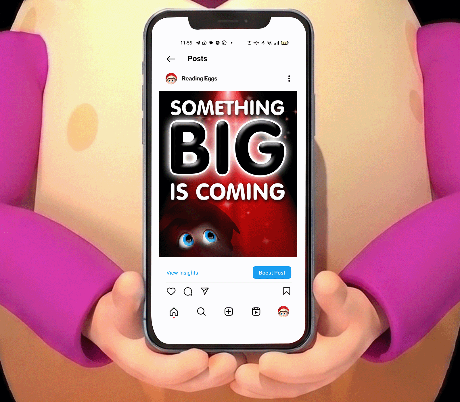 Reading Eggs Black Friday teaser — 'Something Big Is Coming' Instagram post held in the mascot's hands