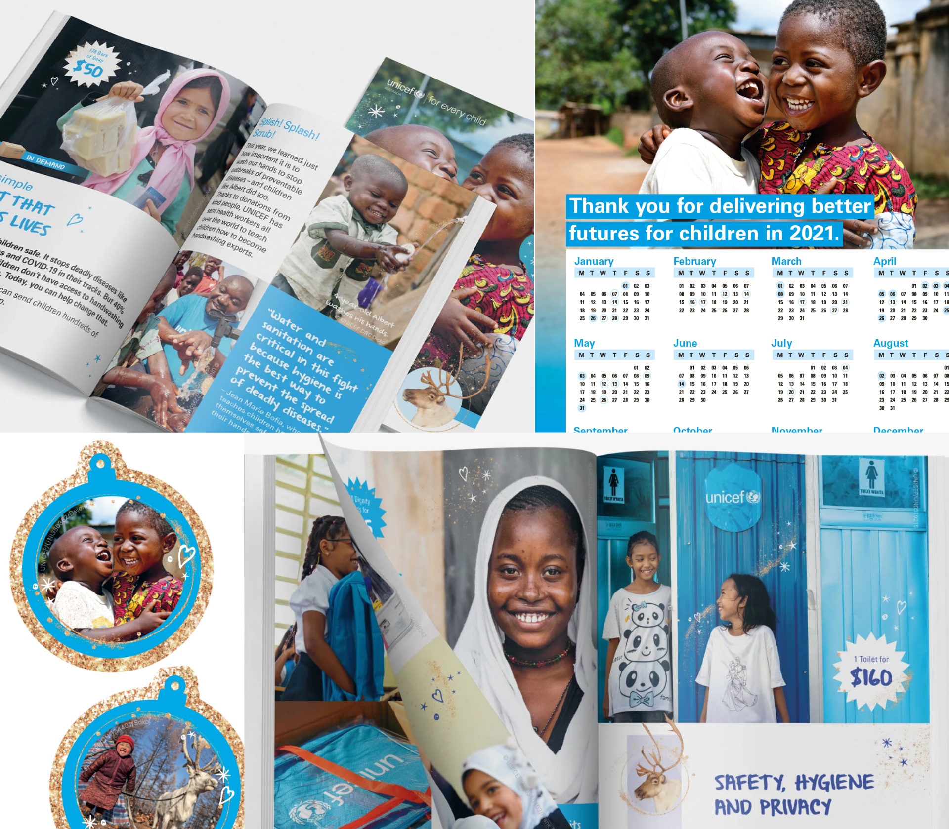 UNICEF Australia Christmas Appeal — booklet spreads, wall calendar and cutout-card baubles