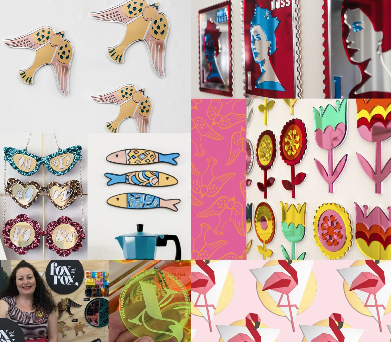 Fox & the Rox brand collage — laser-cut acrylic mirrors, jewellery and packaging